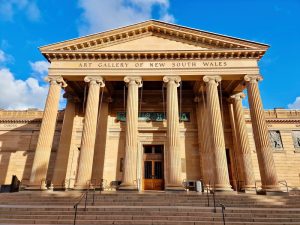 Front entrance of the Art Gallery of New South Wales in Sydney with sandstone columns.