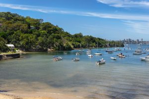 View of Sirius Cove in Mosman, Sydney, with boats anchored in the calm harbour waters.